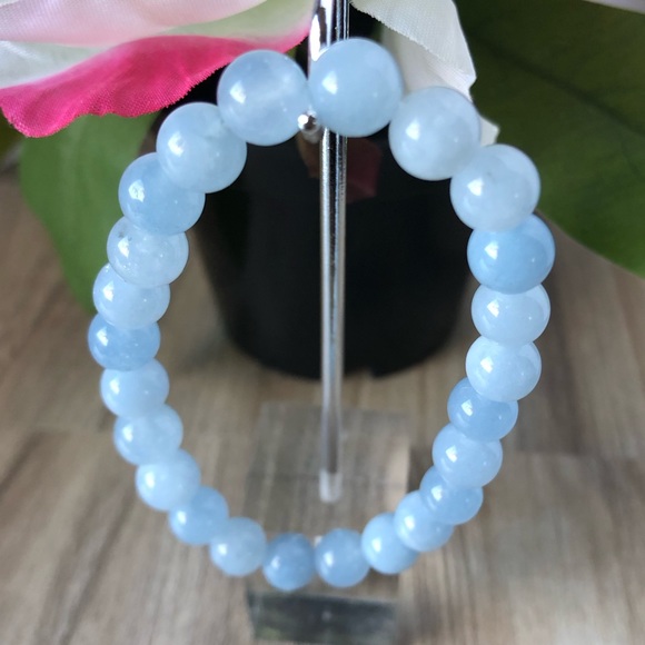 Aquamarine Stone Beads Stretchable Bracelet 7" - 8mm Beads Best Gift - Picture 1 of 2